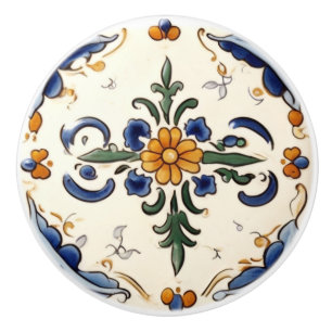 Bouton De Porte En Céramique Flore traditionnelle Fleur Méditerranée bleue Crèm