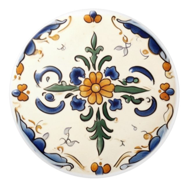 Bouton De Porte En Céramique Flore traditionnelle Fleur Méditerranée bleue Crèm (Devant)