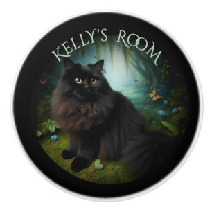 Bouton De Porte En Céramique Fluffy Chat noir dans Misty Woods Texte