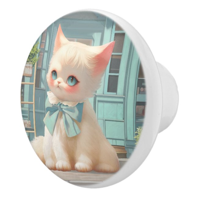 Bouton De Porte En Céramique Fluffy Kitten avec Blue Bow à la pâtisserie (Droite)