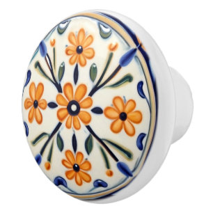 Bouton De Porte En Céramique Folk Art Floral Orange Fleurs Cercle Bleu