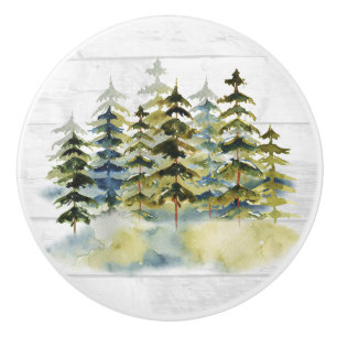 Bouton De Porte En Céramique Forêt de pins verte brumeuse aquarelle bois blanc