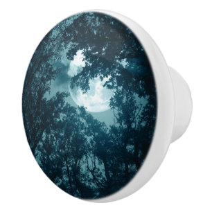 Bouton De Porte En Céramique Forêt nocturne enchantée avec pleine lune