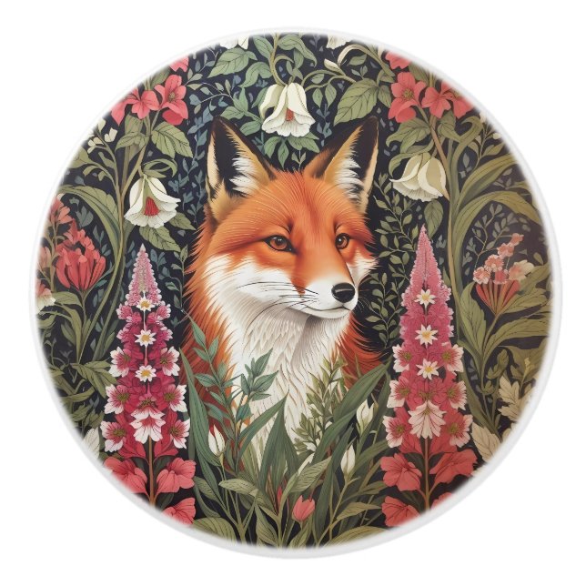 Bouton De Porte En Céramique Fox and Foxglove Flowers William Morris Inspired (Devant)