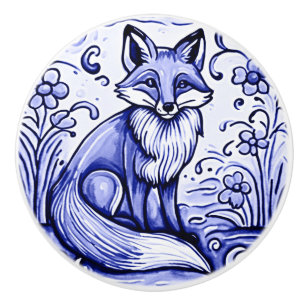 Bouton De Porte En Céramique Fox bleu et blanc méditerranéen Folk Art animal