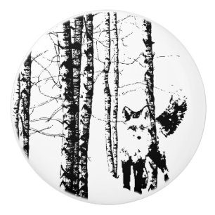 Bouton De Porte En Céramique Fox mignon blanc noir en nature animale de forêt