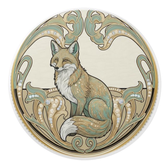 Bouton De Porte En Céramique Fox Woodland Sage Green & Gold Art Deco Nouveau (Devant)