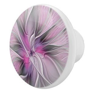 Bouton De Porte En Céramique Fractal Floral Moderne Abstrait Fleur Rose Gris