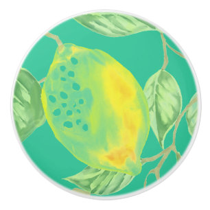 Bouton De Porte En Céramique Fruit citron motif jaune vert turquoise