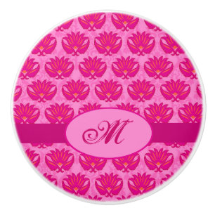 Bouton De Porte En Céramique Fuchsia rose moderne Art nouveau Damas Monogramme