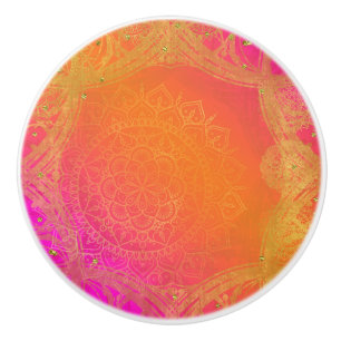 Bouton De Porte En Céramique Fuchsia Rose Orange Et Or Mandala Glam