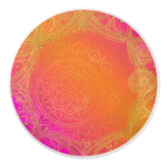 Bouton De Porte En Céramique Fuchsia Rose Orange Et Or Mandala Glam (Devant)