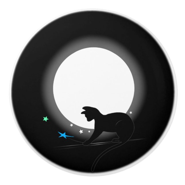 Bouton De Porte En Céramique Full Moon Black Cat And Stars (Devant)