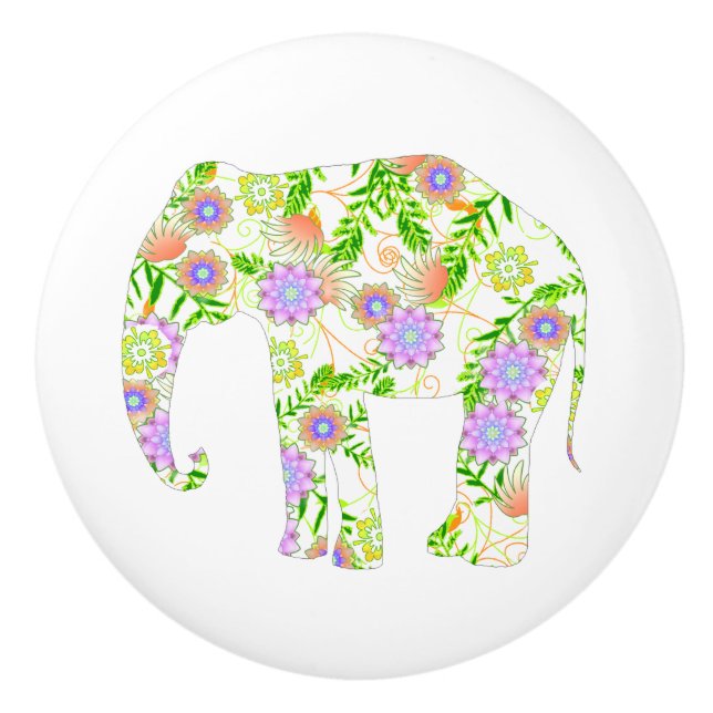 Bouton De Porte En Céramique Fun Eléphant à fleurs (Devant)