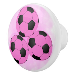 Bouton De Porte En Céramique Fun Girl Trois Ballons de soccer noir rose vif
