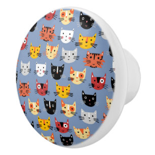 Bouton De Porte En Céramique Fun Kitty Chat Motif Bleu