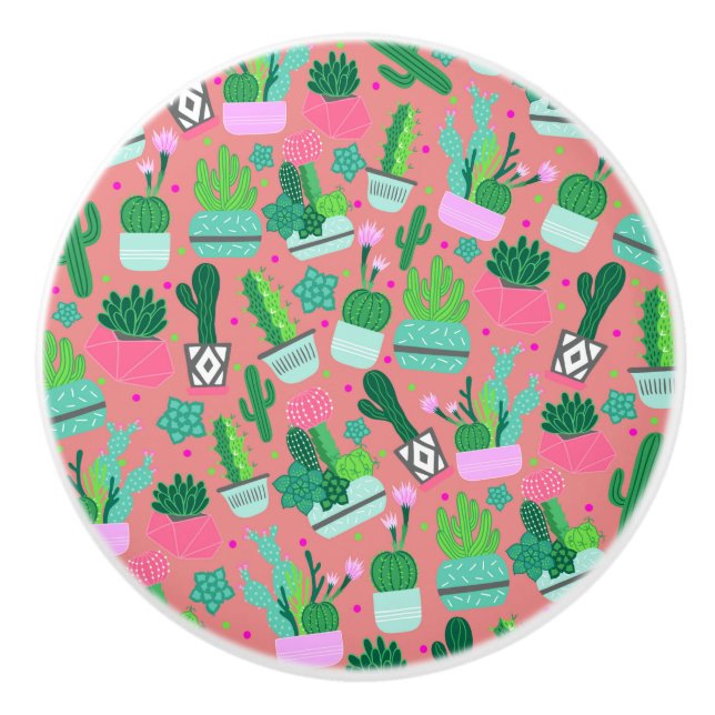 Bouton De Porte En Céramique Fun Southwestern mignon fille rose Motif Cactus (Devant)