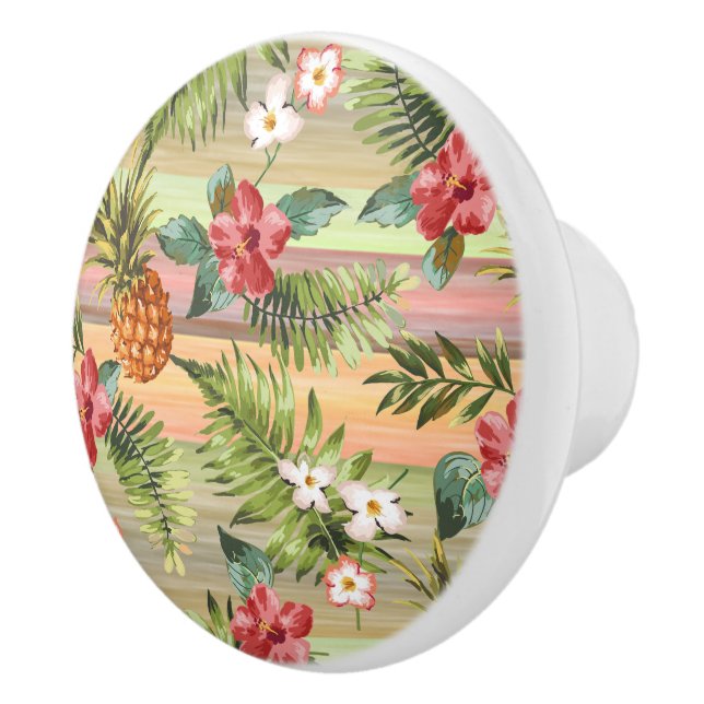 Bouton De Porte En Céramique Fun Tropical Pineappy Fruit Floral Stripe Motif (Droite)
