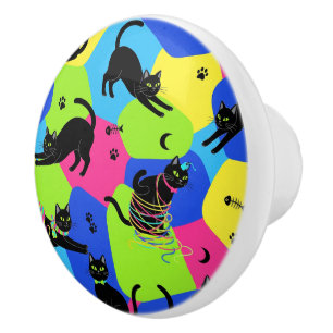 Bouton De Porte En Céramique Funny Black Cat Knob, moderne, coloré