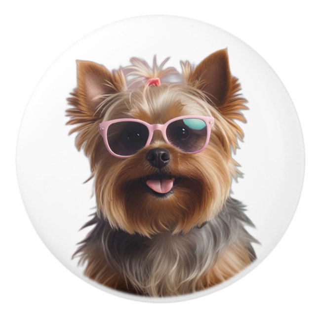 Bouton De Porte En Céramique Funny Yorkshire Terrier Avec Lunettes De Soleil (Devant)