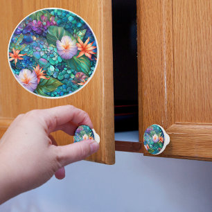 Bouton De Porte En Céramique Galets et fleurs tropicaux