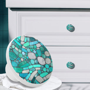 Bouton De Porte En Céramique Galets Mosaïque Art -Aquamarine et Pearl
