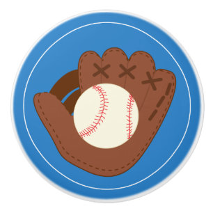 Bouton De Porte En Céramique Gant et boule de base-ball sur le bleu