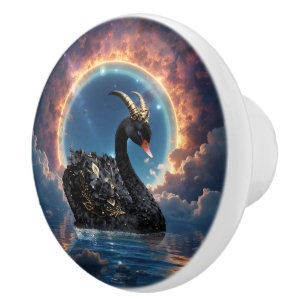 Bouton De Porte En Céramique Gardien Cygne Noir Céleste du Voile de Feu Lunaire