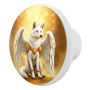 Bouton De Porte En Céramique Gardien de l'Aube – Le Loup aux Ailes Blanches.