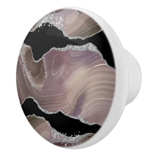 Bouton De Porte En Céramique Géode moderne taupe et agate noire à paillettes ar