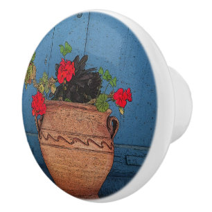 BOUTON DE PORTE EN CÉRAMIQUE GERANIUMS ROUGES, POT DE TERRE COTTA, PORTE BLEUE