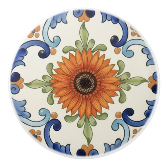 Bouton De Porte En Céramique Gerbera Flower Mediterranean Blue Cream (Devant)