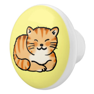 Bouton De Porte En Céramique gingembre moelleux et chat blanc