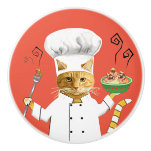 Bouton De Porte En Céramique Ginger Kitty Chef sur Red Ceramic Knob