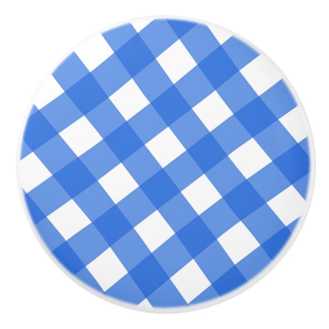 Bouton De Porte En Céramique Gingham à carreaux bleu et blanc de campagne (Devant)