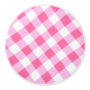 Bouton De Porte En Céramique Gingham à carreaux rose et blanc de campagne