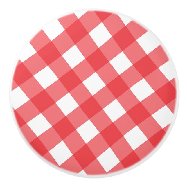 Bouton De Porte En Céramique Gingham à carreaux rouge et blanc de campagne (Devant)