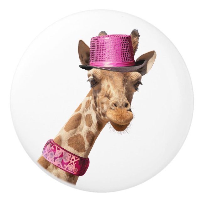 Bouton De Porte En Céramique Giraffe en casquette rose étincelant (Devant)