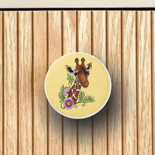 Bouton De Porte En Céramique Giraffe Fleurs de Portrait Jaunes