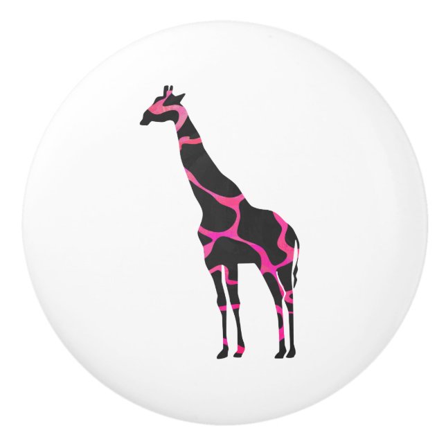 Bouton De Porte En Céramique Giraffe Rose chaud et Silhouette noire (Devant)