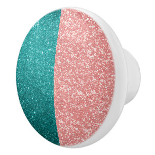 Bouton De Porte En Céramique Glam Rose Bleu Paillettes Brillance