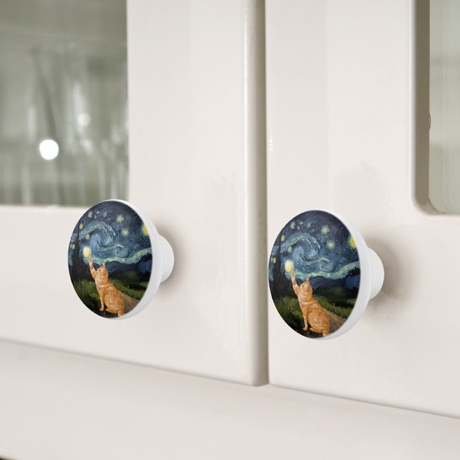 Bouton De Porte En Céramique Gogh Kitty Starry Night Chat (Créateur téléchargé)