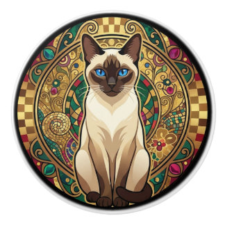Bouton De Porte En Céramique Gold Art Nouveau Siamese Cat