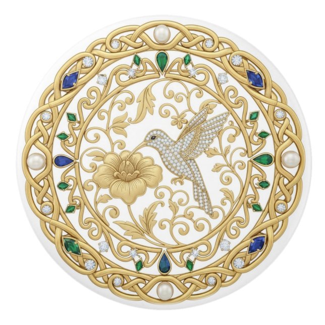 Bouton De Porte En Céramique Gold Crystal Hummingbird Bird 2D graphic gemstones (Devant)