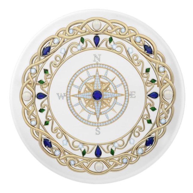 Bouton De Porte En Céramique Gold Crystal Nautical Captain Ship Compass Rose (Devant)