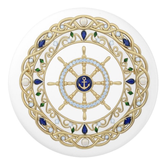 Bouton De Porte En Céramique Gold Crystal Nautical Captain Ship's Wheel Helm (Devant)