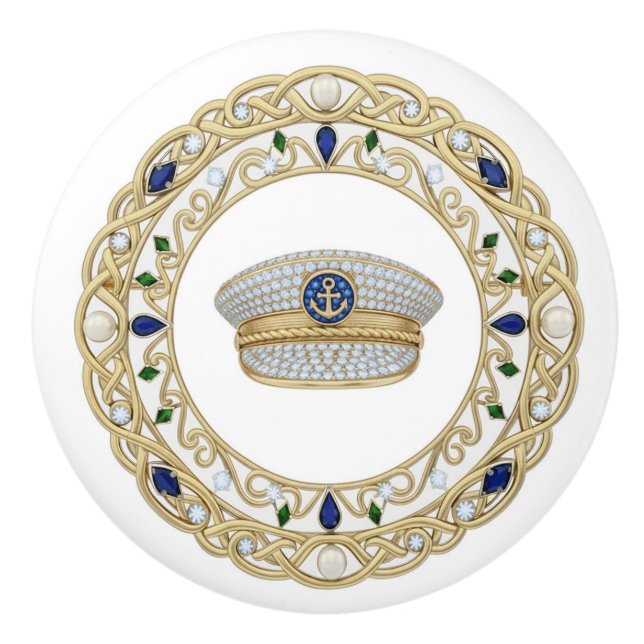 Bouton De Porte En Céramique Gold Crystal Ship Captain's Hat 2Dgraphic Nautical (Devant)