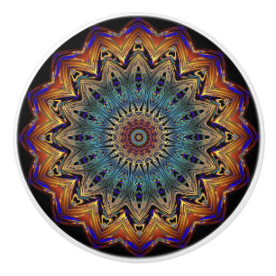 Bouton De Porte En Céramique Gold, Cuivre, Bleu Mandala Patterned Knob