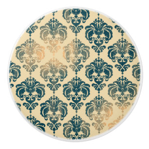 Bouton De Porte En Céramique Gold et Vintage Blue Rustic Modern Glam Damask