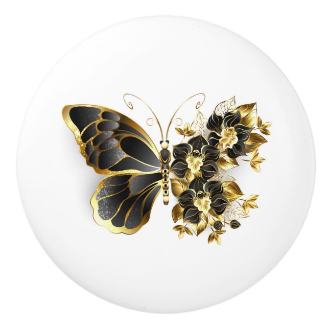 Bouton De Porte En Céramique Gold flower Butterfly with Black Orchid (Devant)